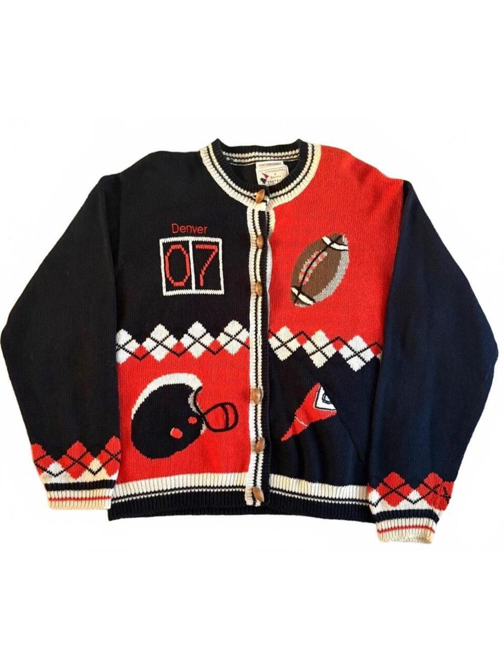 Denver Broncos Christopher & Banks Hand Embroidered Football Cardigan Sweater XL